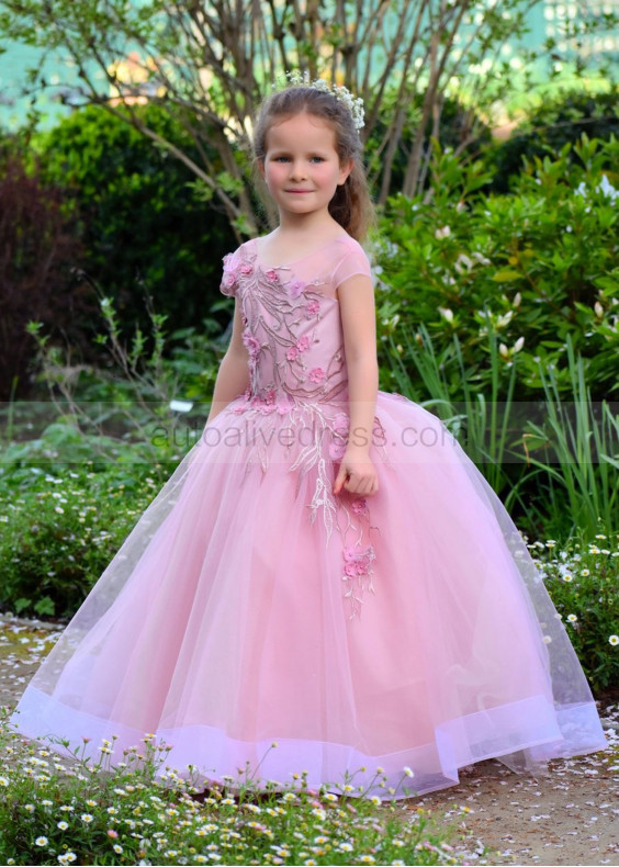 Mauve Lace Tulle V Back Floor Length Flower Girl Dress